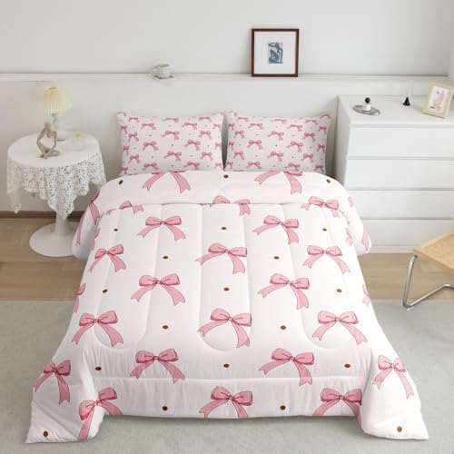 Feelyou Pink Bow Bedding Set for Kids Girls Woman Toddler Size Cute Coquette Bow Knot Comforter Set Ultra Soft Girly Comforter Bowknot Duvet Quilt Bedroom Decor Bow Decor Quilt