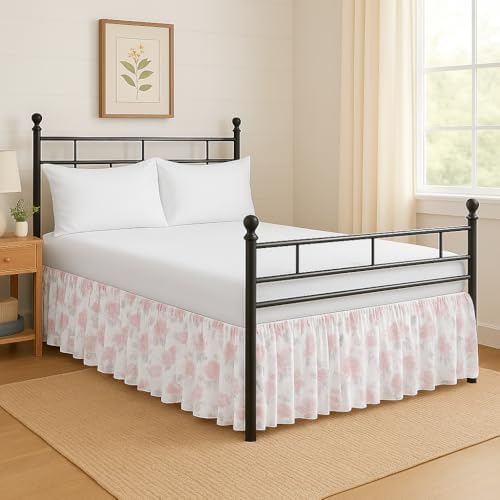 Mattress-Homes Printed Ruffled Bed Skirt Split Corners with Platform Tailored Fit Wrinkle Free Ultra-Soft Microfiber Dust Ruffle Queen 18" Drop Blush Petals