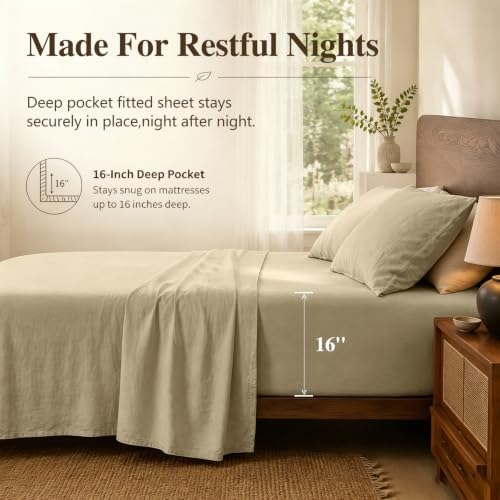 MEISHANG 100% French Linen Sheets King,4 Pcs,16" Deep Pocket