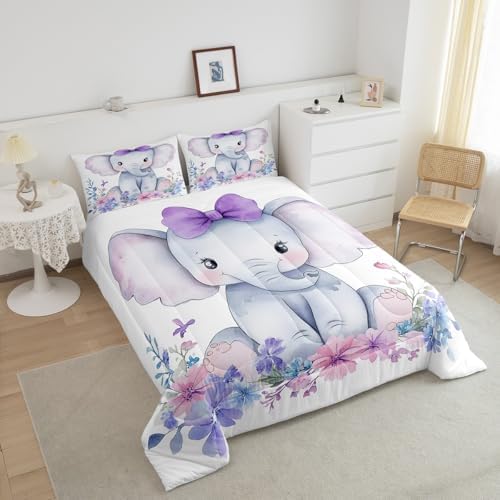 Kids Elephant Bedding Set Cute Animal Comforter Set Twin For Girls Boys Kawaii Room Decor, Flower Branches Duvet Sets Cartoon Elephant With Floral Down Comforter With 1 Pillow Case, Purple Blue