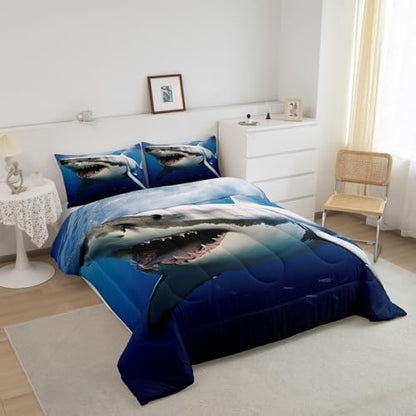 Kids Comforter Set for Boys Girls,3D Shark Fish Down Comforter 3 Piece Hawaiian Beach Theme Bedding Quilted Duvet Set Ocean Sea Animal Pattern Blue Duvet Insert for Toddler Teen Bedroom Decor,Queen