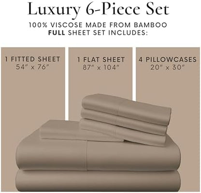 Bamboo Bay 6 Piece Full Size Sheet Set, 100% Viscose Made from Bamboo, Breathable, Ultra Soft Cooling Bed Sheets for Hot Sleepers, Beddings with Deep Pockets Fit 16" Mattress, Sand Beige