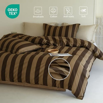 Comforter Set Queen Size - 100% Natural Cotton Brown and Beige Striped Comforter 3pcs, Hypoallergenic Soft Bedding Set