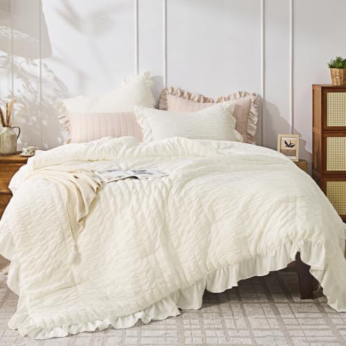 JOLLYVOGUE Cream Full Comforter Set,3pcs Seersucker Comforters Full Size