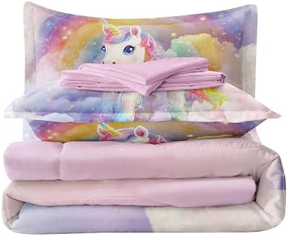 5PCS Unicorn Comforter Sets Queen Pink Color,Pink Queen Comforter Set for Girls,Kids,Teens,Cute Unicorn Bed Set,All Season Use