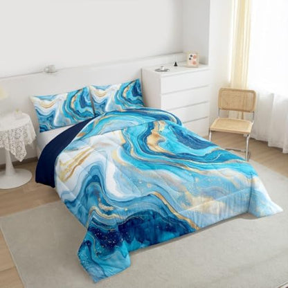 jejeloiu Teal Marble Kids Comforter Set King Size Modern Marble Aesthetic Bedding Set Retro Watercolor Duvet Quilt for Kids Boys Girls Bedroom Abstract Texture Decor Microfiber Ultra Soft Breathable