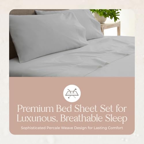 100% Organic Cotton Sheets Cal King - GOTS Certified Cotton Percale Sheets with Crisp Cool & Breathable Percale Weave Perfect for Hot Sleepers - Durable Luxury 4 Piece Set (Silver, Queen)