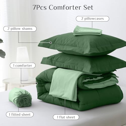 JOLLYVOGUE Queen Comforter Set, Ultra-Soft Bed in a Bag Queen Size 7 Pieces, Oeko-TEX Certified Bedding Set with Down Alternative Comforter, Sheets, Pillowcases & Shams, Dark Green & Light Green