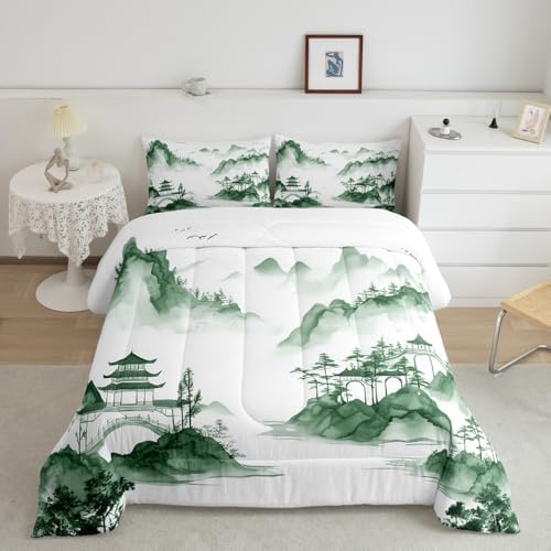 Oriental Culture Comforter Set Queen Size,Chinese Style Abstract Art Bedding Set for Kids Girls Boys Adults Room Decor,Ink Painting Mountain Duvet Insert 3Pcs,Tie Dyeing Quilt Set,2 Pillowcases