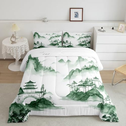 Oriental Culture Comforter Set Toddler Size,Chinese Style Abstract Art Bedding Set for Kids Girls Boys Adults Room Decor,Ink Painting Mountain Duvet Insert 2Pcs,Tie Dyeing Quilt Set,1 Pillowcase