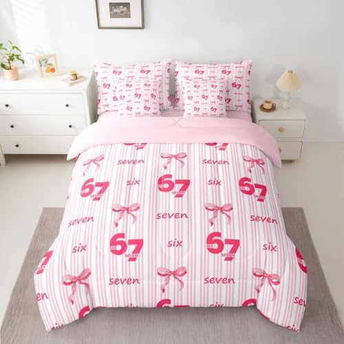 Erosebridal Girly Coquette Bowknot 7 Piece Bedding Set Full Size Pink 67 Bow Comforter Set for Kids Girls Birthday Gifts,Watercolor Six Seven Bed in A Bag Pink Striped Number 67 Print Bed Set