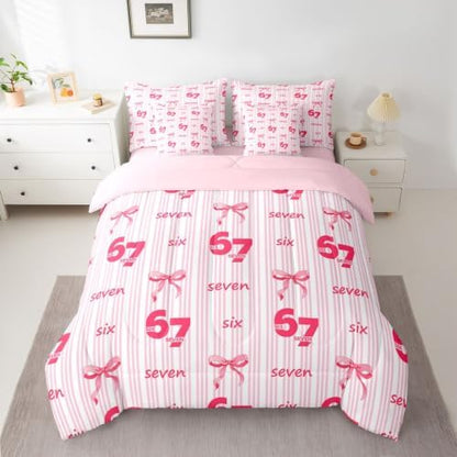 Erosebridal Girly Coquette Bowknot 7 Piece Bedding Set Full Size Pink 67 Bow Comforter Set for Kids Girls Birthday Gifts,Watercolor Six Seven Bed in A Bag Pink Striped Number 67 Print Bed Set