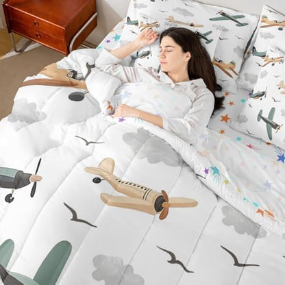 Erosebridal Cartoon Aircraft Comforter Set with Sheets King Size, Airplane Propeller Plane 7 Pcs Bedding Set for Boys Kids Child Adults Teens, Flying Birds Animals Bed in A Bag, Cloud Bed Sets