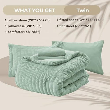 HYMOKEGE Sage Green Twin Comforter Set Seersucker 5 Pieces, All Season Luxury Bed in a Bag for Bedroom, Bedding Set with Comforters, Sheets, Pillowcase & Sham