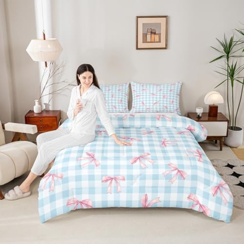 jejeloiu Bowknot Comforter Set King Size Blue Pink Bedding Set for Kids Boys Girls Pink Bow Duvet Quilt Colourful Bowknot Bedroom Decor Microfiber 3 Pcs with 2 Pillow Cases