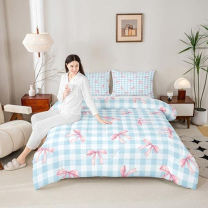 jejeloiu Bowknot Comforter Set King Size Blue Pink Bedding Set for Kids Boys Girls Pink Bow Duvet Quilt Colourful Bowknot Bedroom Decor Microfiber 3 Pcs with 2 Pillow Cases