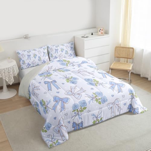 Castle Fairy Blue Bowknot Comforter Set King Size,Dreamy Princess Style Down Alternative Adults Bedroom Decor,Retro Blue Rose Farmhouse Ultra Soft Microfiber Inner Fill 3 Pcs Bedding