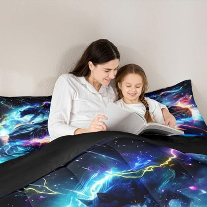 Modern Race Car Queen Comforter Set Lightning Wolf Animal Bedding for Kids Boys Teen Room Decor Watercolor 3D Cool Racing Car Quilt Bed Set With 2 Pillowcases Rainbow Extreme Sports Devut Insert