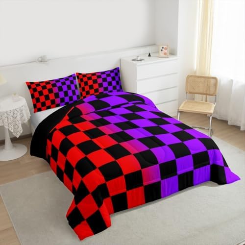 Feelyou Checkered Retro Comforter Set Queen Size Geometric Vintage Bedding Set for Kids Boys Girls Red Purple Duvet Quilt Modern Groovy Aesthetic Bedroom Decor 3 Pcs with 2 Pillow Cases