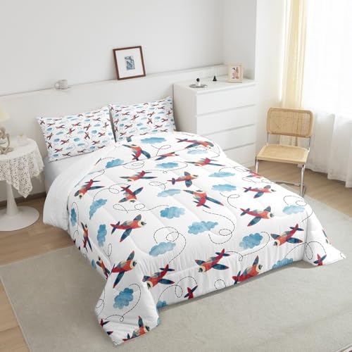 Boys Airplane Comforter Set Twin Size,Vintage Watercolor Airplane Bedding Set for Kids Space Room Decor,Cartoon Bedding Aircraft Blue Clouds Comforters Soft Lightweight Bedding Quilted 1 Pillow Case
