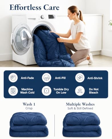 LANE LINEN 7 Piece Queen Comforter Set Microfiber Pintuck - Navy Blue