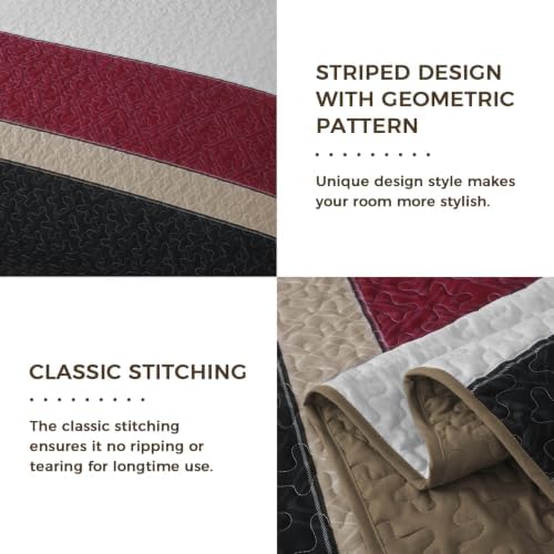 Cottolester Quilts Queen Size,Black Red Striped Bedspread Coverlet Set