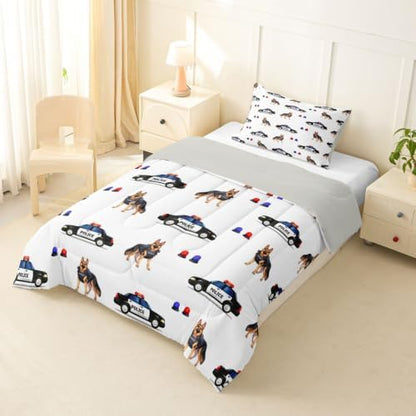 Feelyou Police Car Comforter Set Toddler Size Dogs Bedding Set for Kids Boys Girls Policeman Vehicle Duvet Quilt Bedroom Decor Microfiber 2 Pcs with 1 Pillow Case