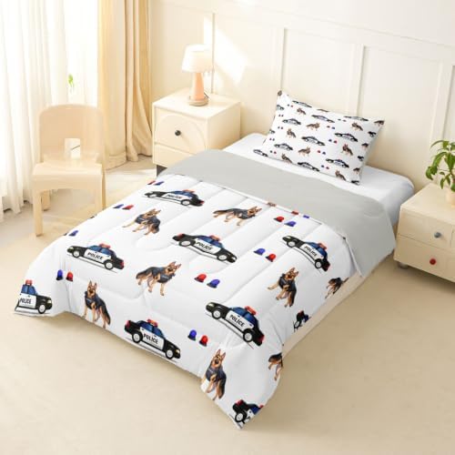 Feelyou Police Car Comforter Set Twin Size Dogs Bedding Set for Kids Boys Girls Policeman Vehicle Duvet Quilt Bedroom Decor Microfiber 2 Pcs with 1 Pillow Case