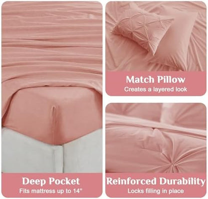 JOLLYVOGUE Full Size Comforter Sets 7 Pieces - Bed in a Bag Full for All Season, Pintuck Bedding Comforter Sets with Comforter, Flat Sheet, Fitted Sheet and Pillowcases & Shams, Rose Brown