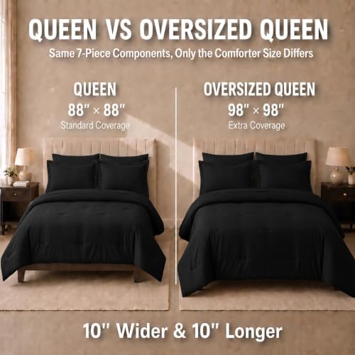 HIMEET Oversized Queen Comforter Sets, 7-Piece Point-Quilted, Black