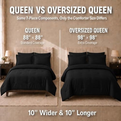 HIMEET Oversized Queen Comforter Sets, 7-Piece Point-Quilted, Black