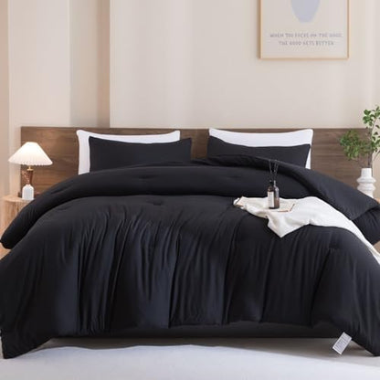 Paxrac Black Comforter Set King Size, Modern 3 Pieces Comforter Set, Lightweight & Fluffy Solid Bedding Set, All Seasons Soft Breathable King Comforter Set (104x90In Comforter & 2 Pillowcases)