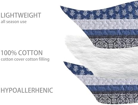 Homzard 100% Cotton King Size Comforter Set Blue Grey Striped Quilt Set