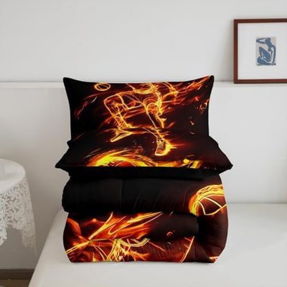 Castle Fairy Basketball Fire Bedding Set Basketball Player Comforter Set for Kids Boys Burning Flame Comforter Sports Gaming Quilt Set 1 Comforter Set with 1 Pillowcase Toddler Size