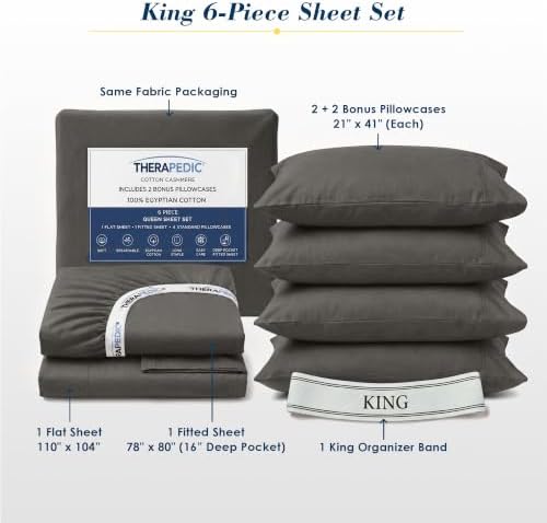 Therapedic 100% Egyptian Cotton 6 Piece King Size Sheets Set (Charcoal)