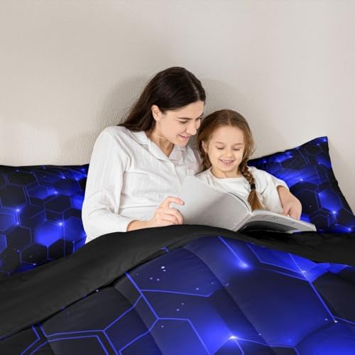 Feelyou Blue Black Geometrics Comforter Set King - Kids Boys Girls Beehive Hexagon Bedding Set - Geometric Honeycomb Duvet Set - Durable Quilt Set King Size