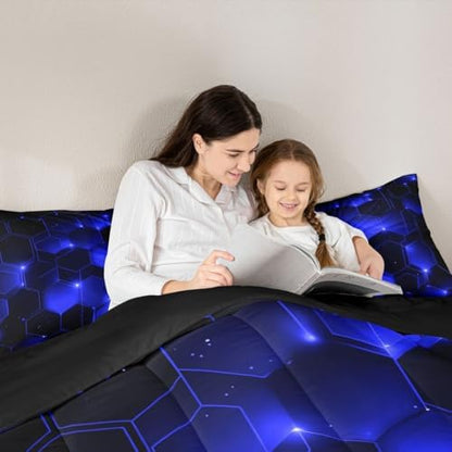 Feelyou Blue Black Geometrics Comforter Set - Queen, Kids Boys Girls Beehive Hexagon Bedding Set - Geometric Honeycomb Duvet Set - Durable Quilt Set