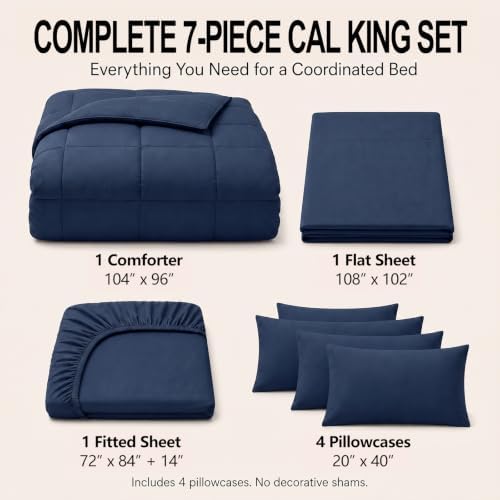 CozyLux California King Comforter Set Navy Blue - 7 Pieces Bed in a Bag