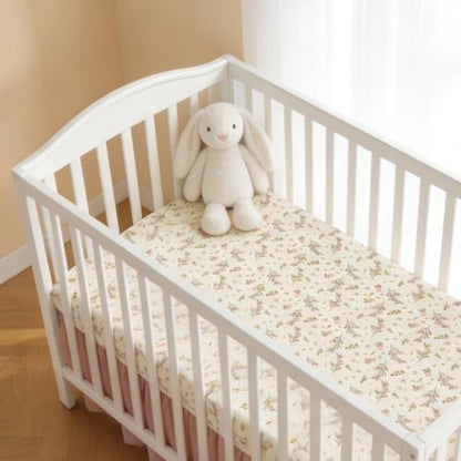 Organic Cotton Muslin Baby Crib Bedding Set 3 Piece Soft for Infant Newborn Toddler Boys Girls 52"x28", Nursery Bed Quilt Set Decor with Fitted Crib Sheet, Floral Quilted Comforter Blanket, Bed Skirt