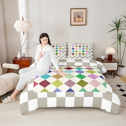 Checkered Geometric Comforter Set Queen Size Blue Green Pink Beige Brown Plaid Bedding Set Kids Boys Girls Checkerboard Modern Aesthetic Duvet Quilt Reversible Grey Decor 3 Pcs with 2 Pillow Cases
