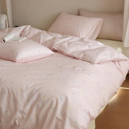 LifeTB Bowknot Duvet Cover Full Size 100% Cotton Pink Gingham Duvet Cover Colorful Bow Bedding Set Soft Breathable Plaid Checkered Comforter Cover with 2 Pillowcases Cute Grid Gingham Bedding Set