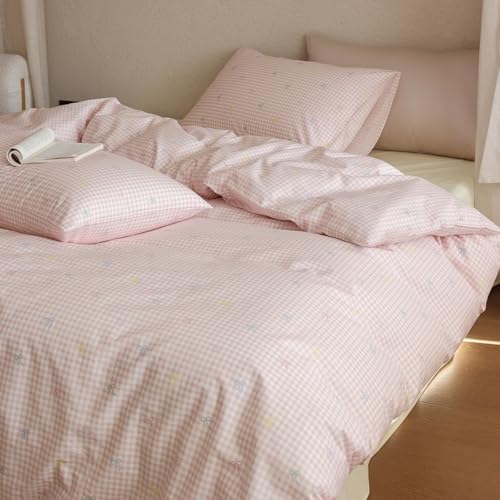 LifeTB Bowknot Duvet Cover Queen 3 Pieces Pink Gingham Duvet Cover 100% Cotton Cute Bow Bedding Set Grid Pattern Soft Breathable Comforter Cover Aesthetic Plaid Checked Gingham Bedding Set Queen