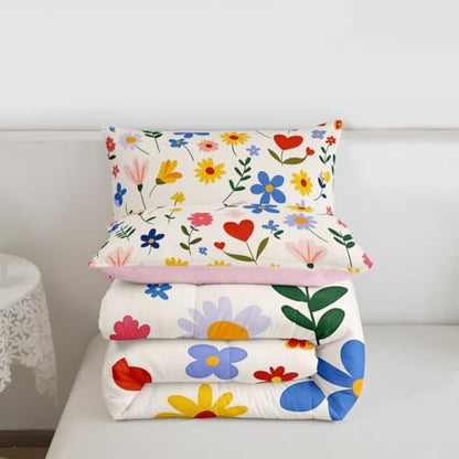 jejeloiu Cute Flower Comforter Set Full Size Floral Botanical Pattern Bedding Set for Kids Boys Girls Kawaii Duvet Quilt Blossom Flowers Pattern Bedroom Decor Microfiber 3 Pcs with 2 Pillow Cases