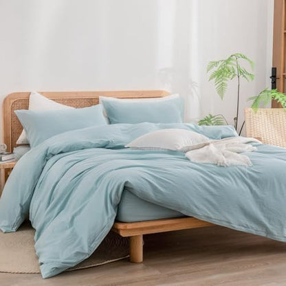 BESTOUCH Cotton Solid Duvet Cover Set Linen Feel Hushed Green Alaska King