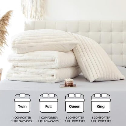 Smoofy Fluffy Full Size Comforter 3 PCS - Cream White Fleece Bedding Set