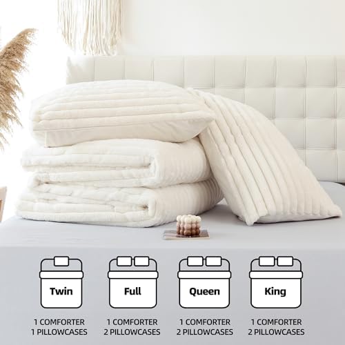 Smoofy Fluffy King Size Comforter 3 PCS - Cream White Fleece Bedding Set