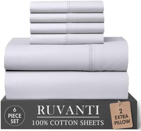 RUVANTI 100% Cotton Percale King Sheets, King Size Sheets Set, Cloud Gray