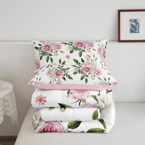 jejeloiu Pink Rose Comforter Set Toddler Size Kids Vintage Floral Flower Bedding Set Boys Girls Botanical Green Leaves Duvet Breathable Blossom Plant Quilt Bedroom Decor,1 Comforter with 1 Pillowcase