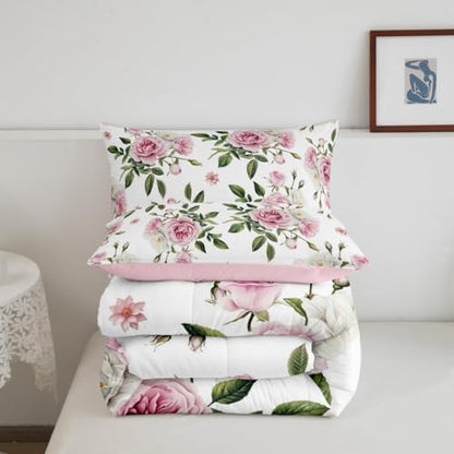 jejeloiu Pink Rose Comforter Set Toddler Size Kids Vintage Floral Flower Bedding Set Boys Girls Botanical Green Leaves Duvet Breathable Blossom Plant Quilt Bedroom Decor,1 Comforter with 1 Pillowcase