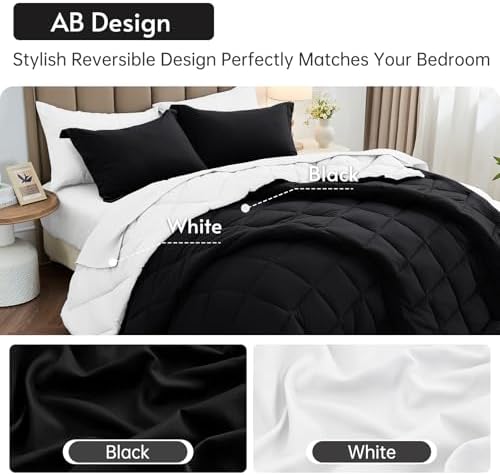 MUXHOMO 7 Pieces Oversized Queen Comforter Set, Reversible Bed in a Bag Oversized Queen Size, All Season Bedding Set with Comforter, Flat Sheet, Fitted Sheet, Pillowcases & Shams, Black & White